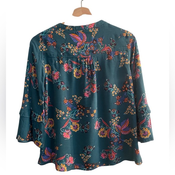 MAEVE  Teal Floral Print Button-down Top with Ruffle Flared Sleeves XS - Picture 3 of 9